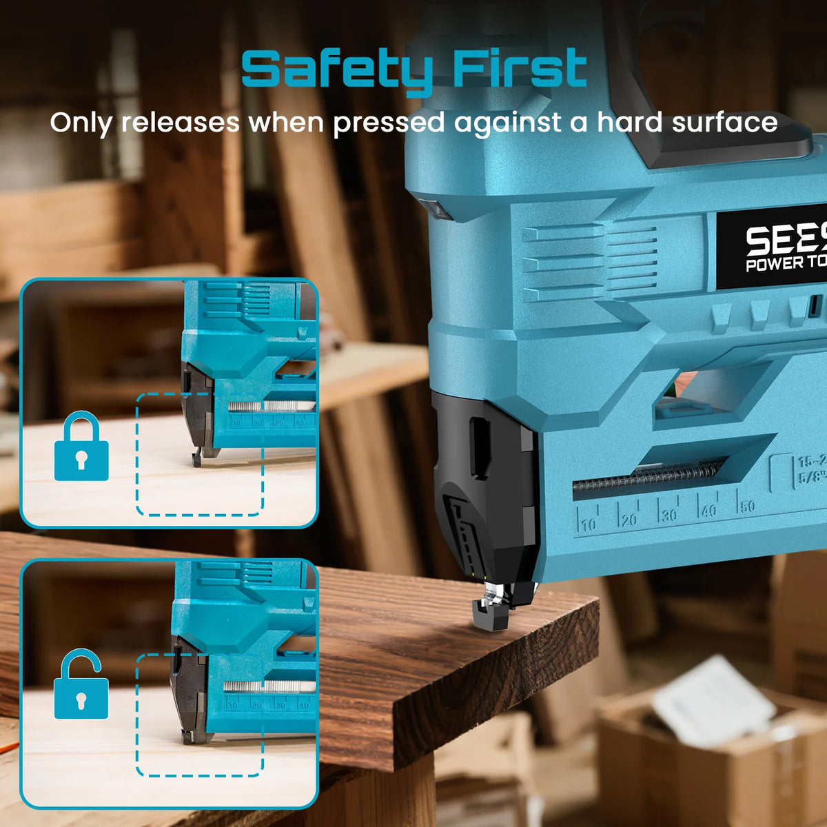 SEESII 18 Gauge Cordless Brad Nail Gun 1000 Brad Nails Cordless Stapler Framing Nailer Furniture Power Tool With 2pcs Battery