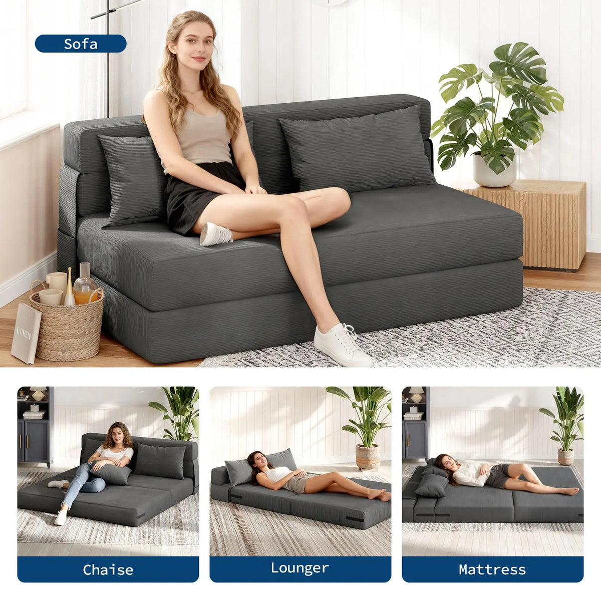 HobbyLane 4-In-1 Folding Sofa Bed Convertible Loveseat Couch