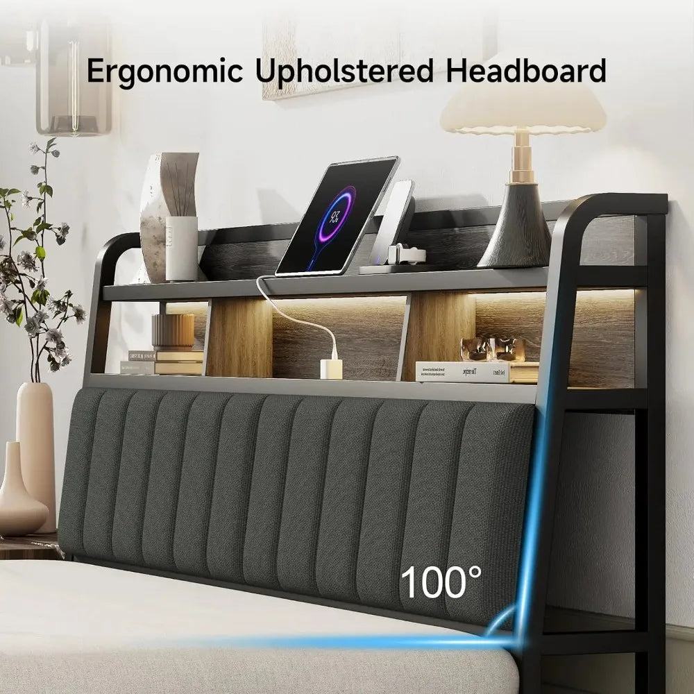 Upholstered Headboard With Storage And Led Charging Station
