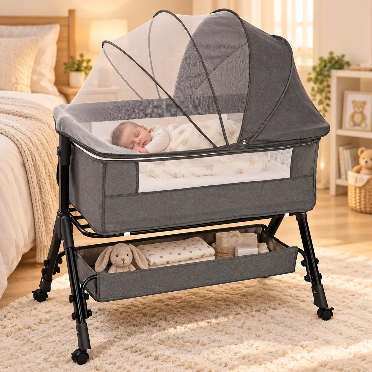 Portable Baby Bassinet Bedside Sleeper With Breathable Mesh Window