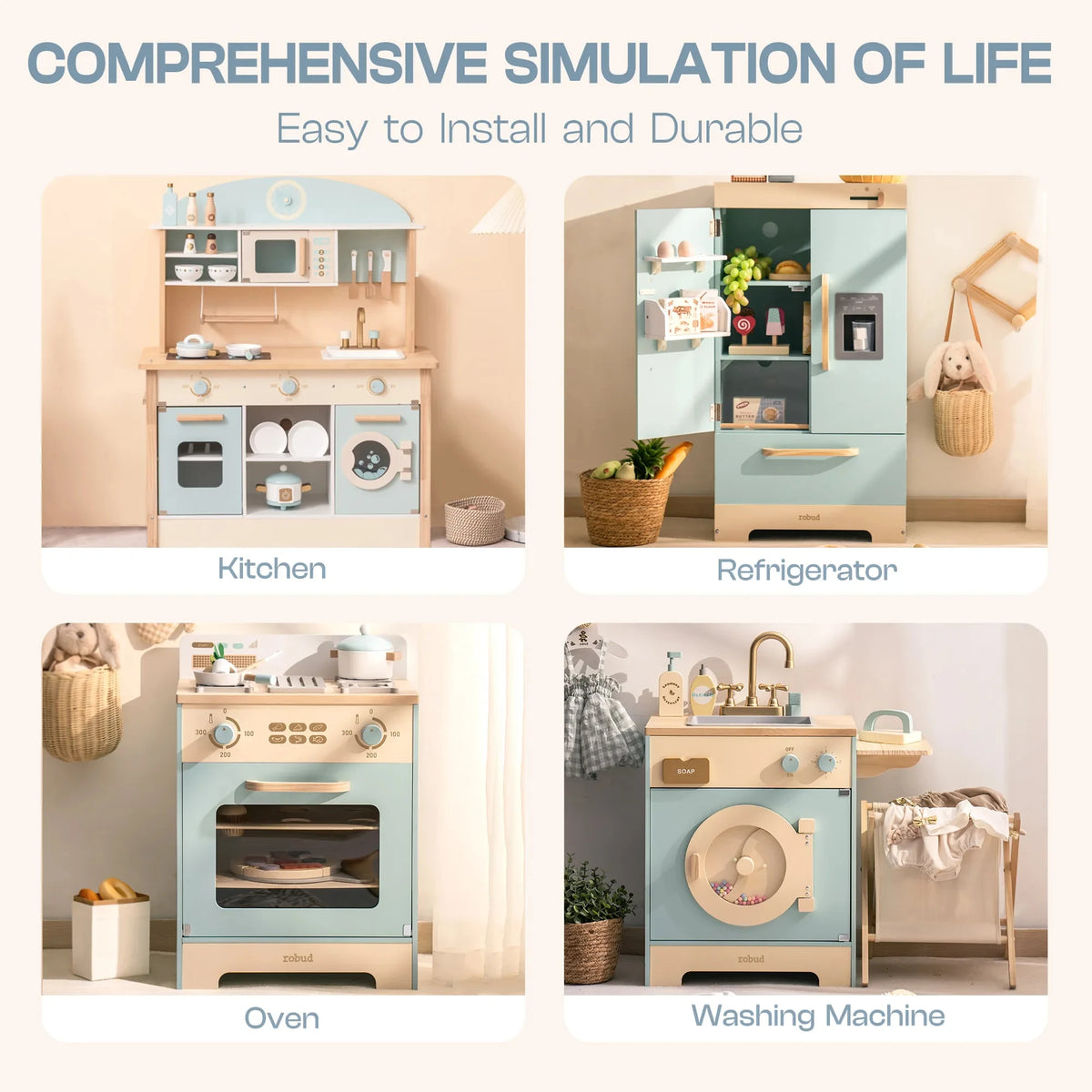 Robud Kids Wooden Play Kitchen Set All In One With Oven Refrigerator