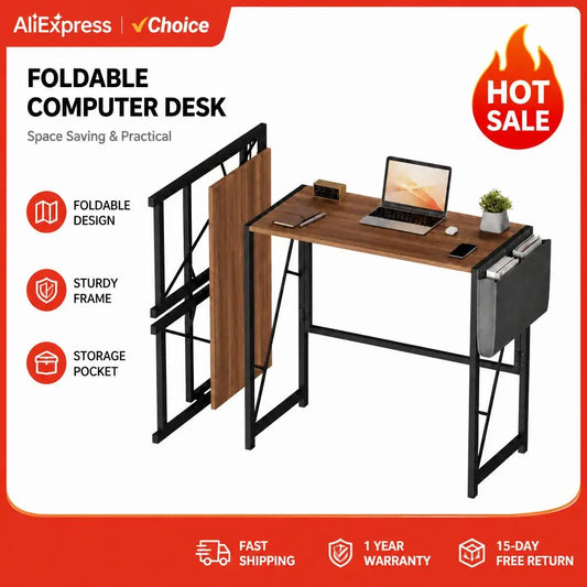Folding Computer Desk With Storage Pocket And Headphone Hooks