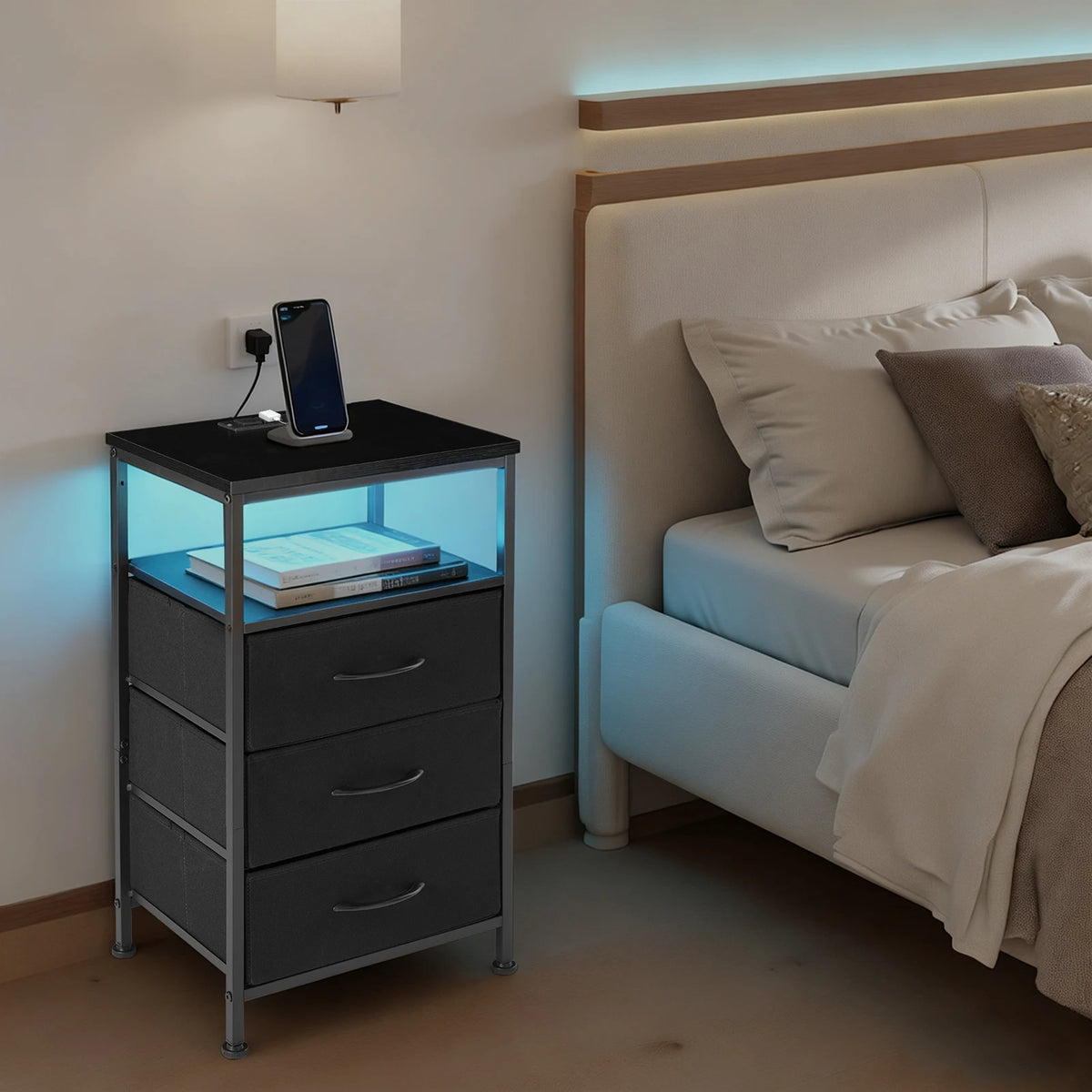 JHK 3 Drawer Bedside Table With Usb Charging Nightstand
