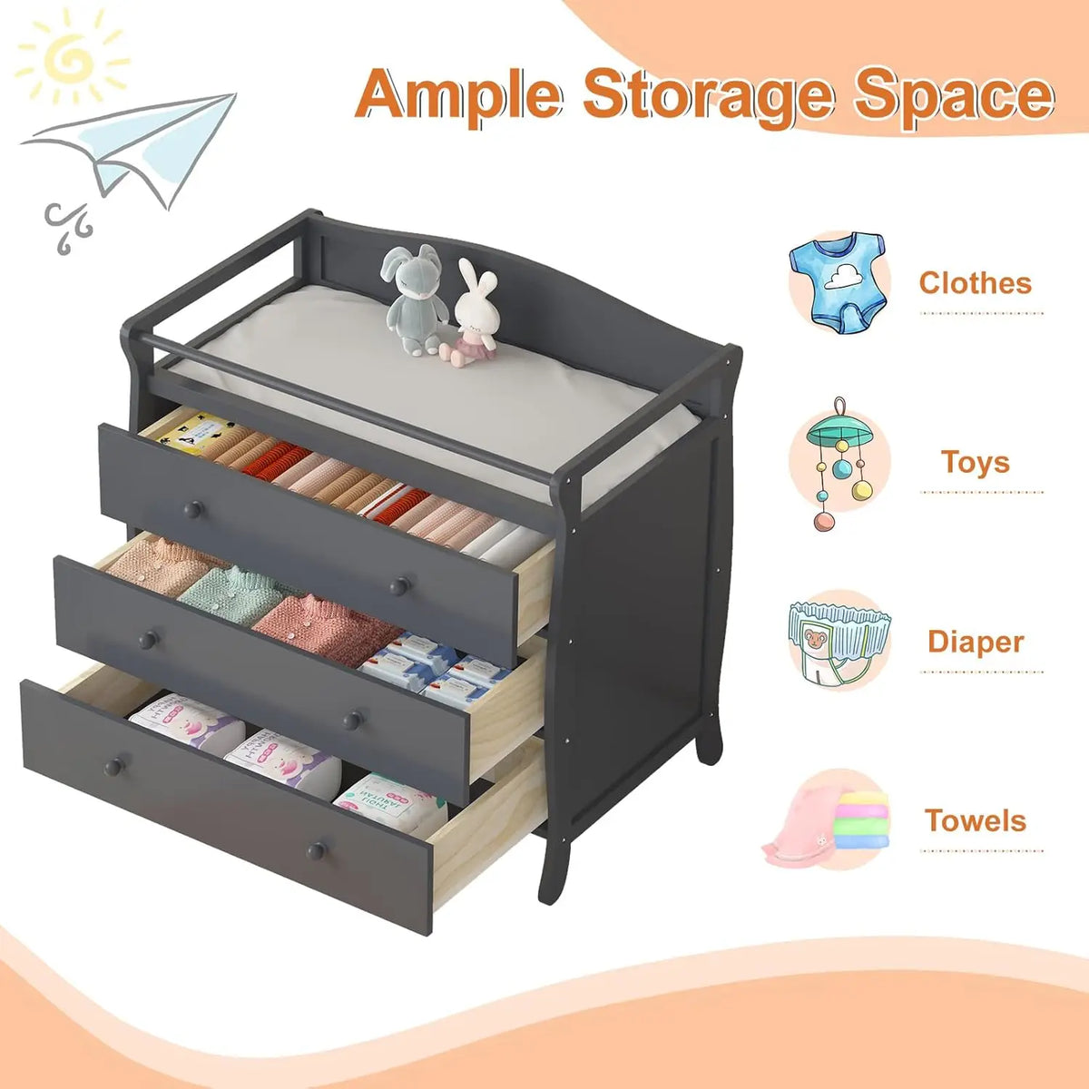 HiMiss Wooden Baby Changing Table With Drawers And Safety Rails