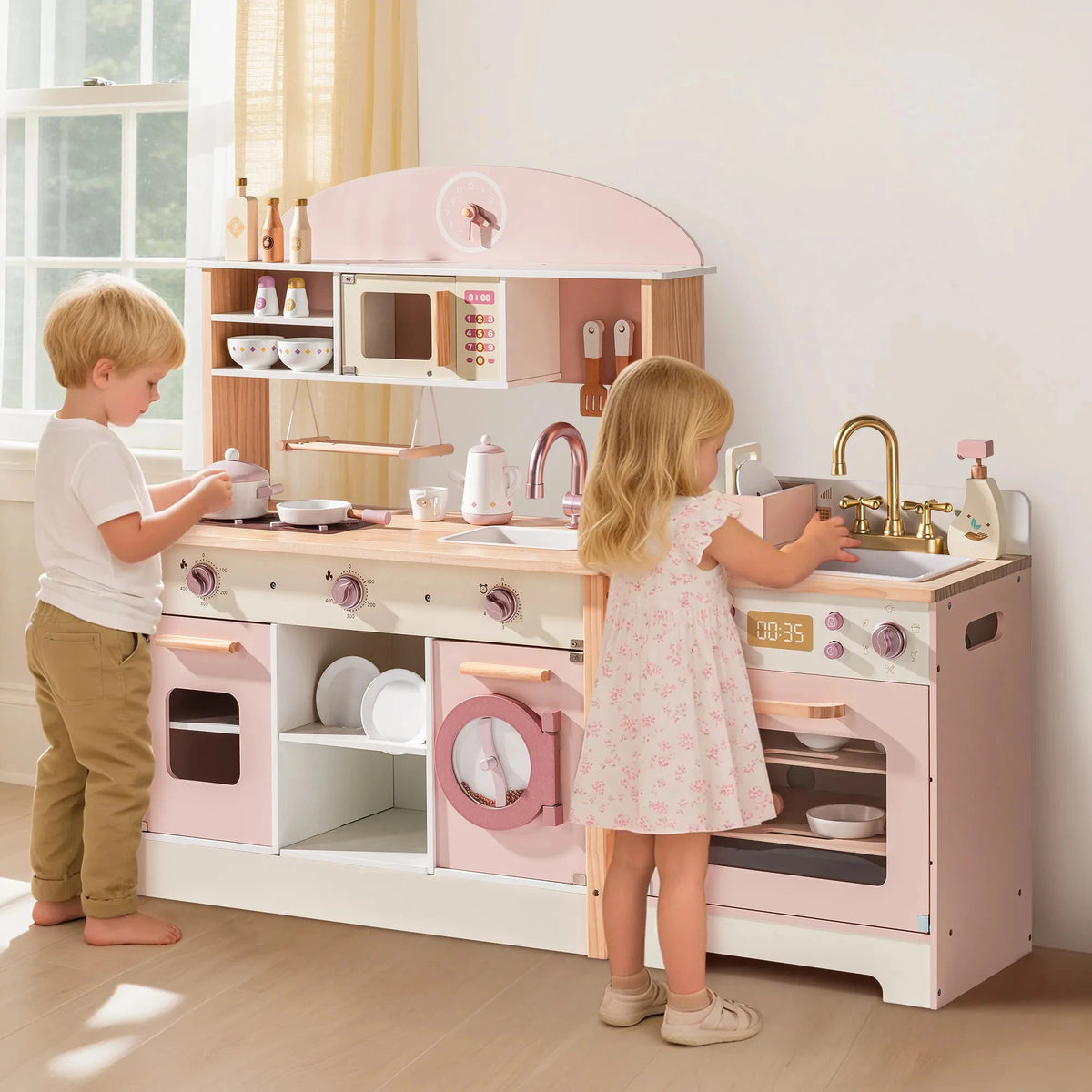 Robud Kids Wooden Corner Play Kitchen Set Oven Refrigerator Washer