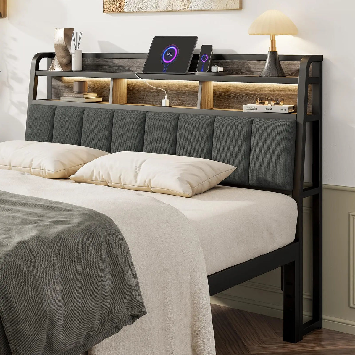 Upholstered Headboard With Storage And Led Charging Station