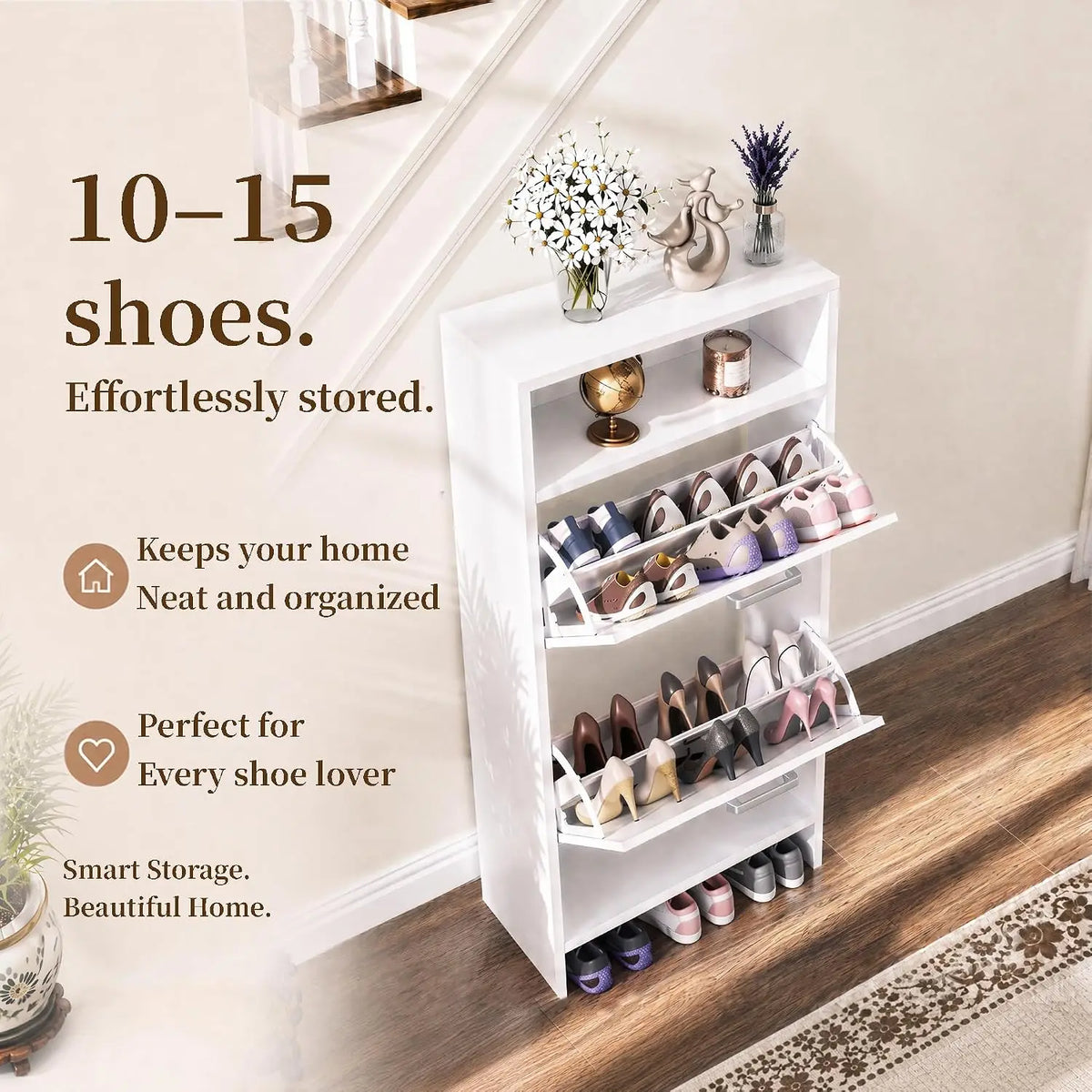Wooden Shoe Storage Cabinet With Double Layer Flip Drawers