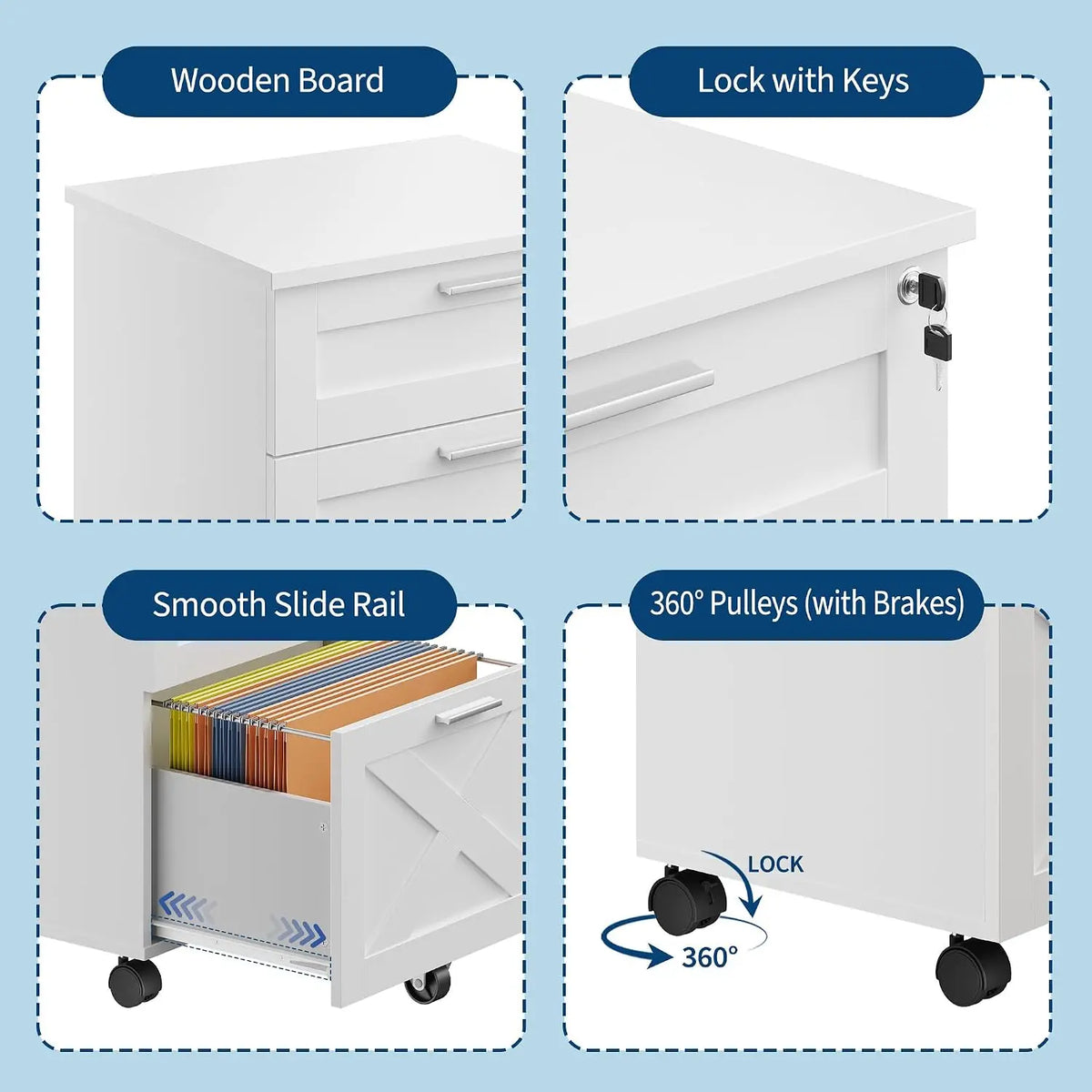 HiMISS Three Drawer Wooden Mobile Filing Cabinet With Lock