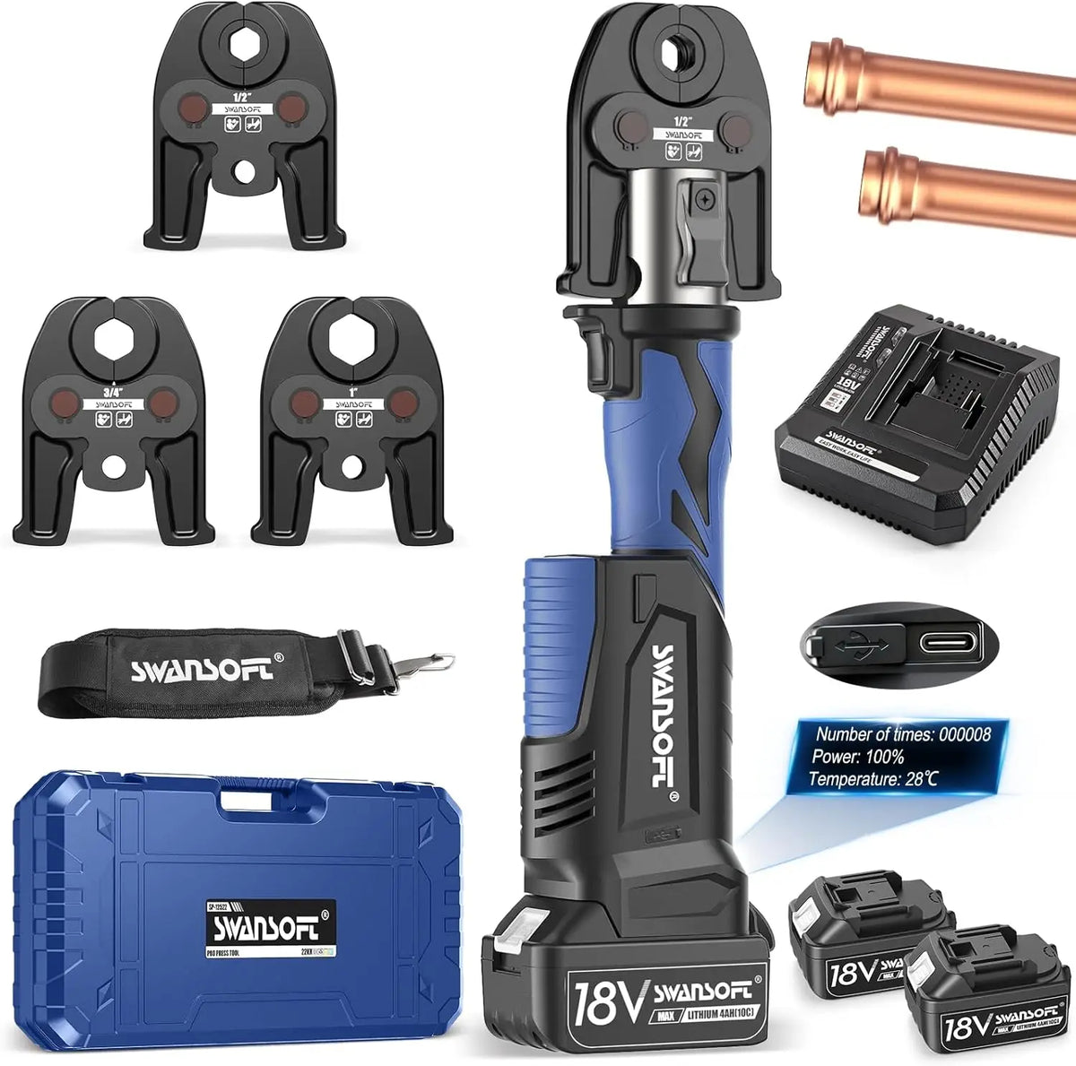 Swansoft 18V 22kN Rechargeable Electric Copper Pipe Press Tool