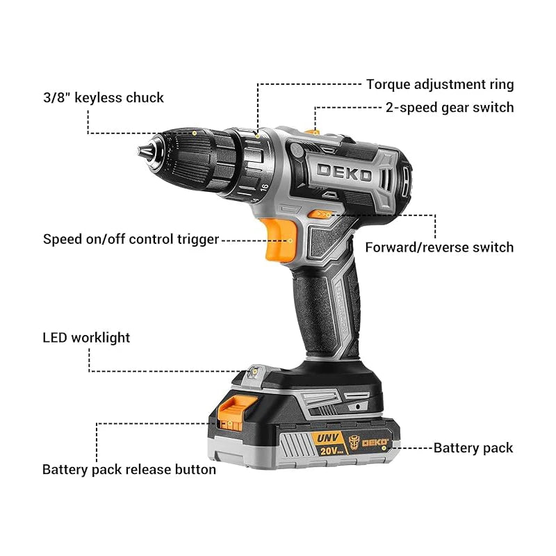 DEKO Cordless Drill Driver Kit With Battery And Charger