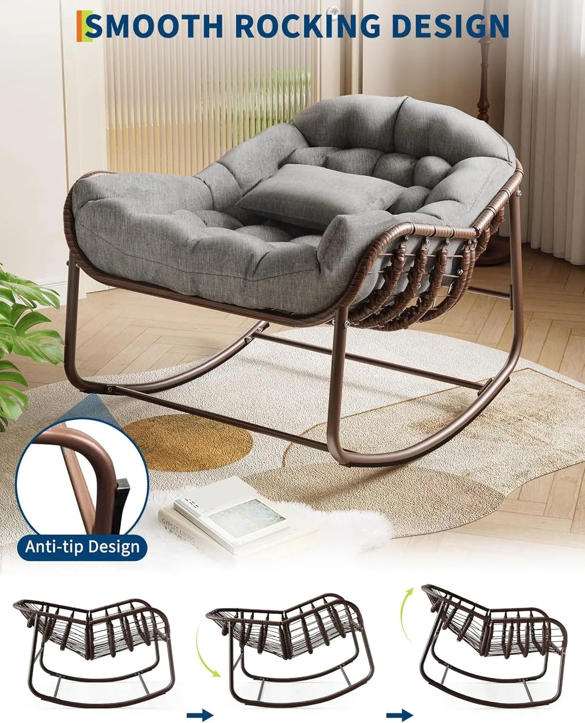 HiMiss Outdoor Papasan Egg Rocking Chair Wicker Cushion For Patio