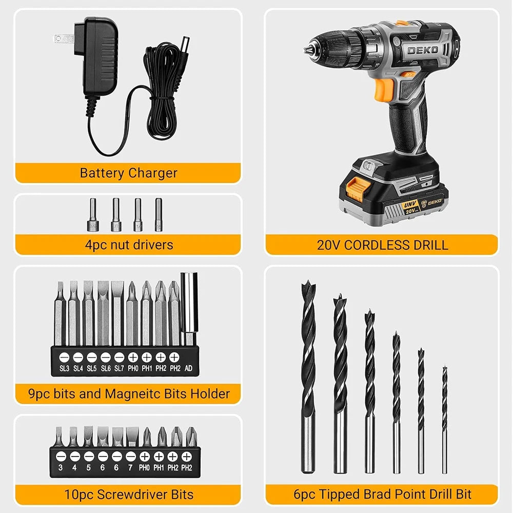 DEKO Cordless Drill Driver Kit With Battery And Charger
