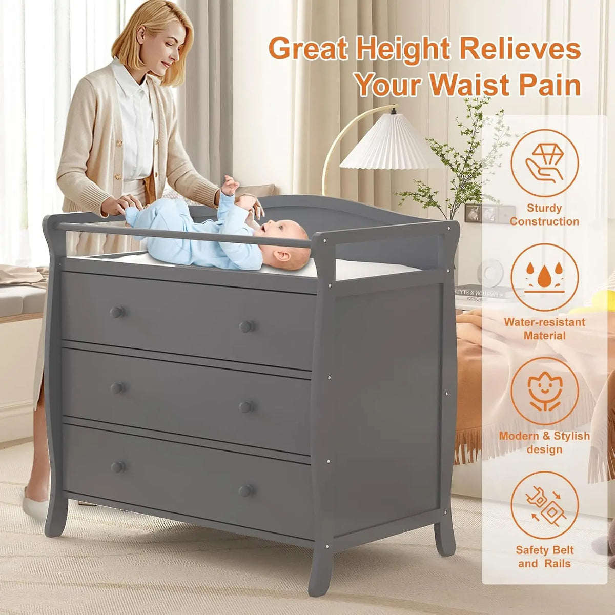 HiMiss Wooden Baby Changing Table With Drawers And Safety Rails