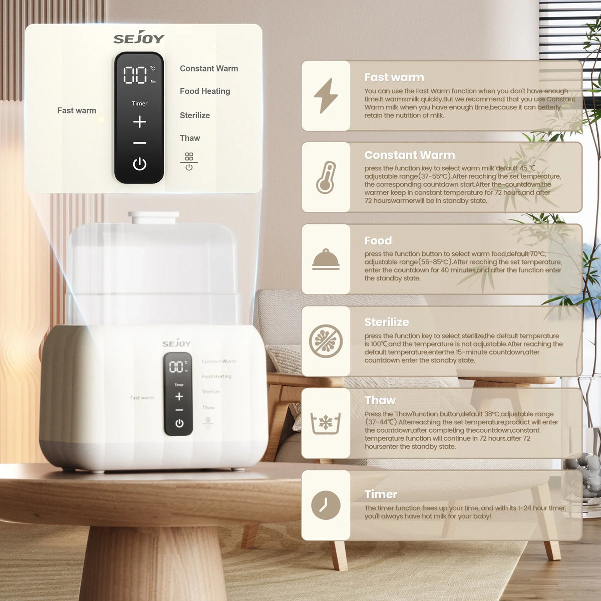 Sejoy Baby Bottle Warmer With Fast Heating And Temperature Control