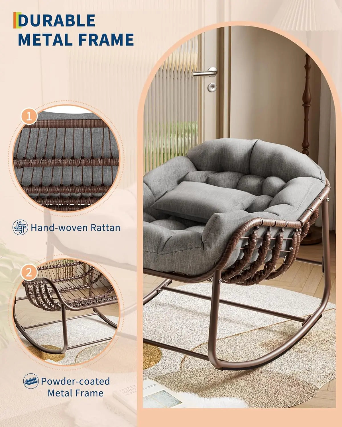 HiMiss Outdoor Papasan Egg Rocking Chair Wicker Cushion For Patio