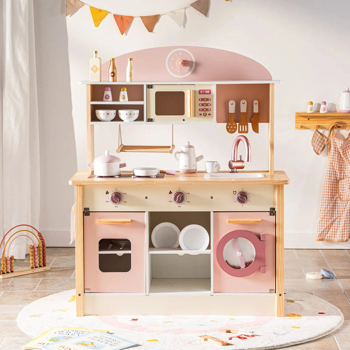 Robud Kids Wooden Corner Play Kitchen Set Oven Refrigerator Washer