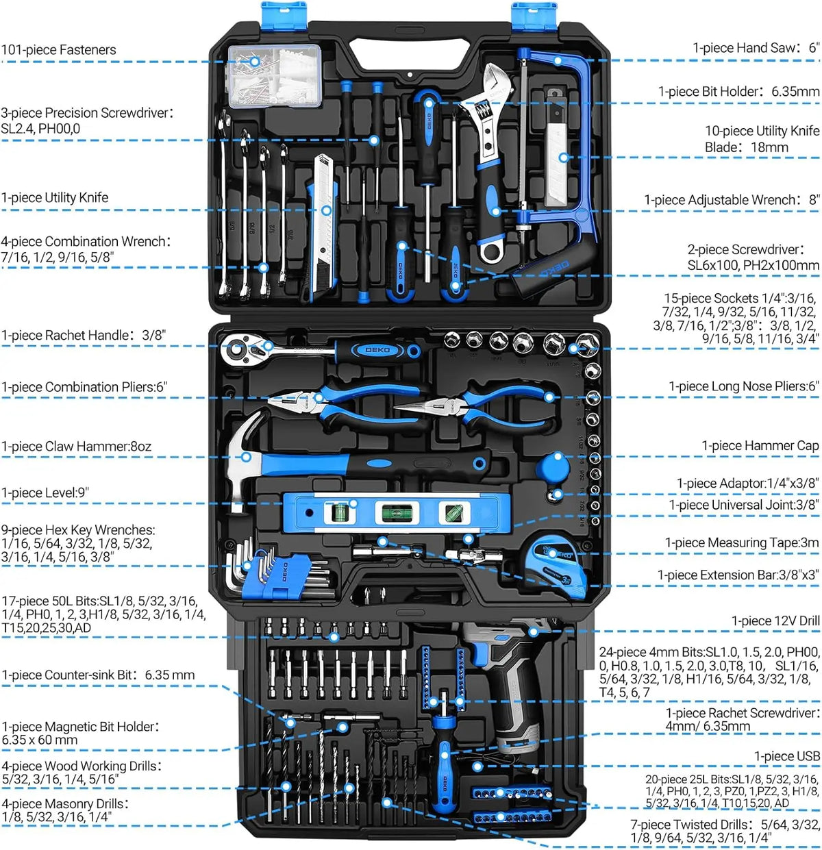 DEKO 12V Cordless Drill Toolbox Combo Kit With Storage