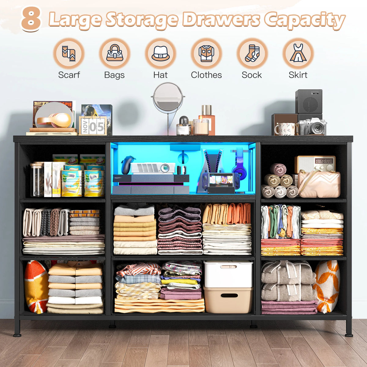 Eight Drawer Media Dresser With LED Lighting And Charging Station