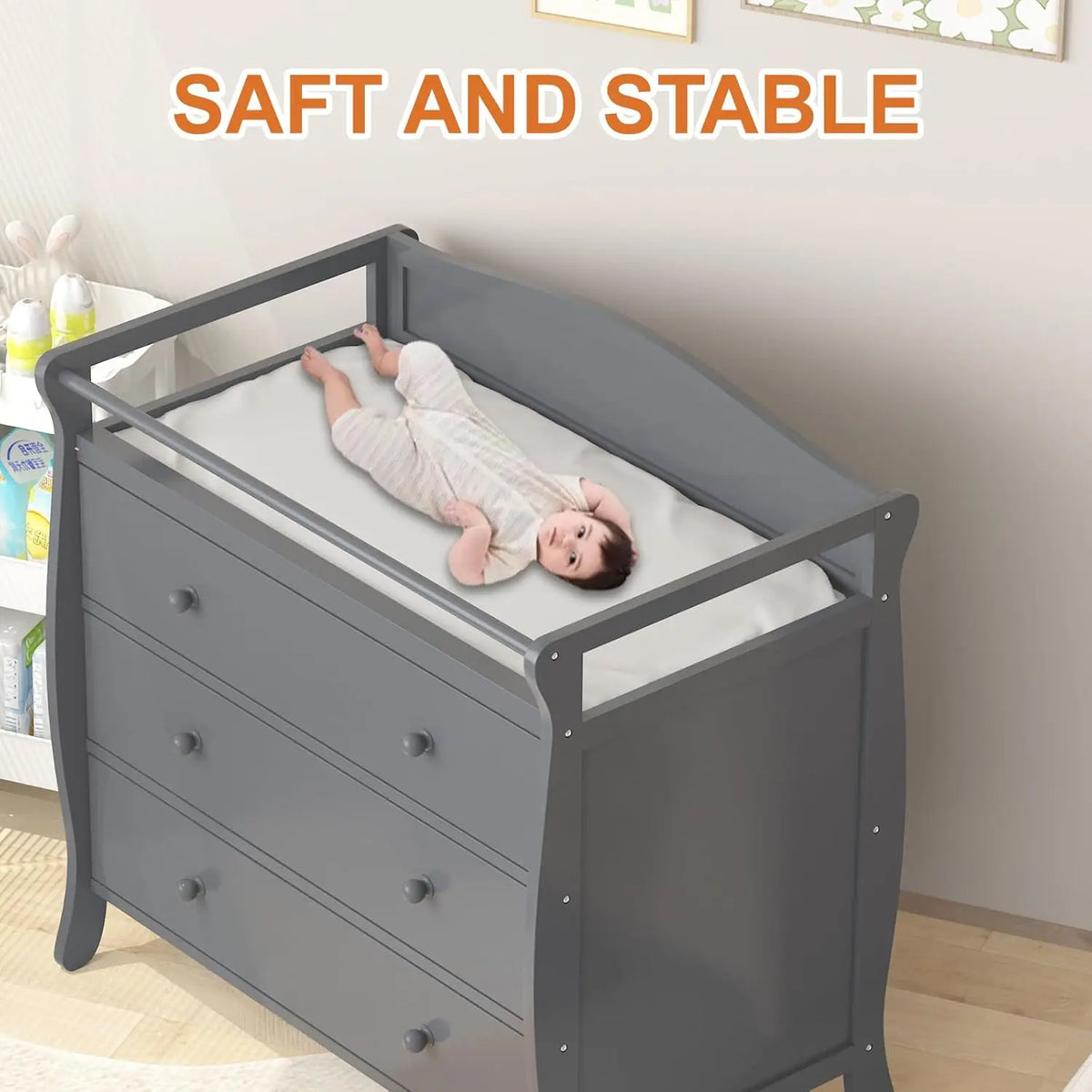 HiMiss Wooden Baby Changing Table With Drawers And Safety Rails