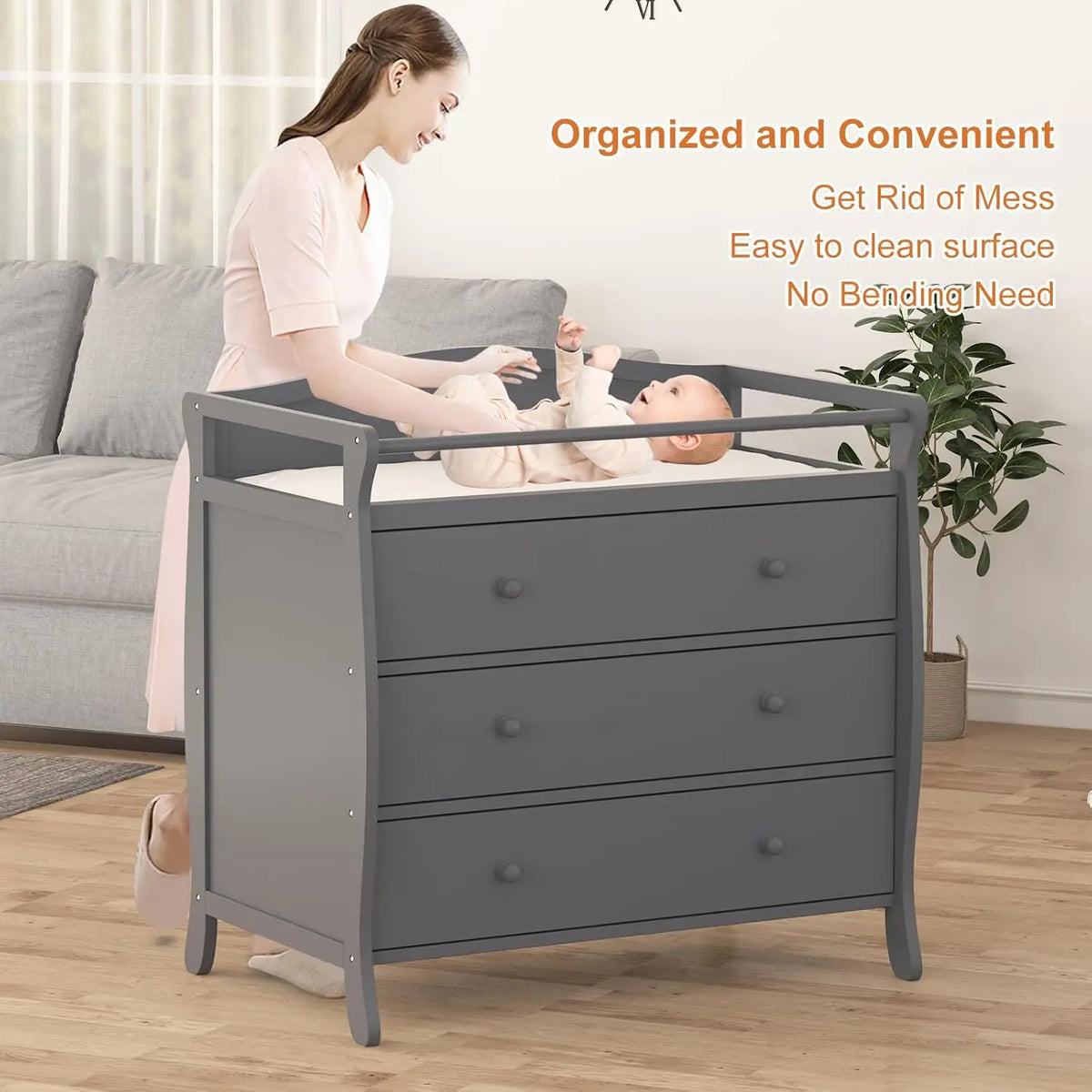 HiMiss Wooden Baby Changing Table With Drawers And Safety Rails