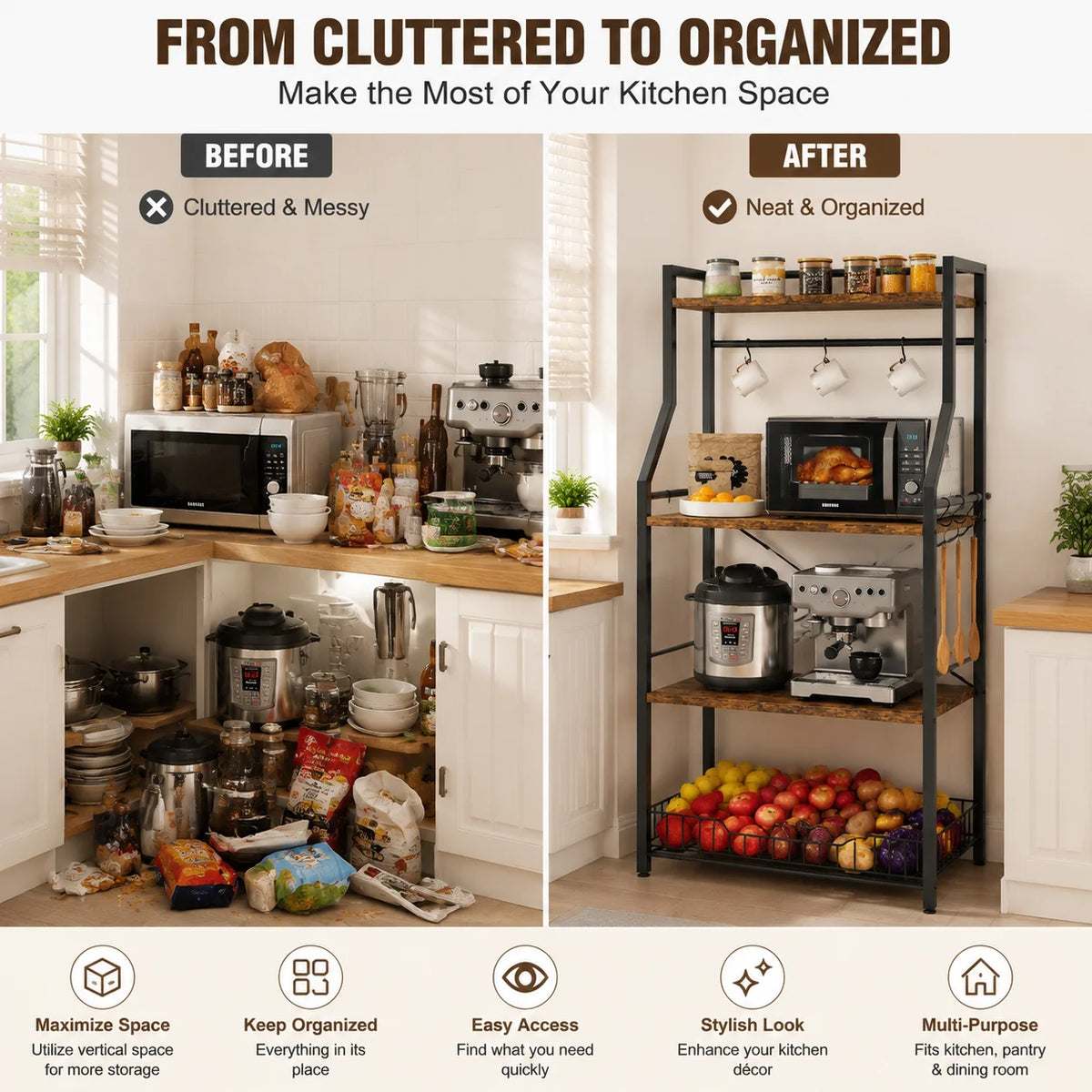 Industrial 4 Tier Steel Bakers Rack With Wire Basket Hooks