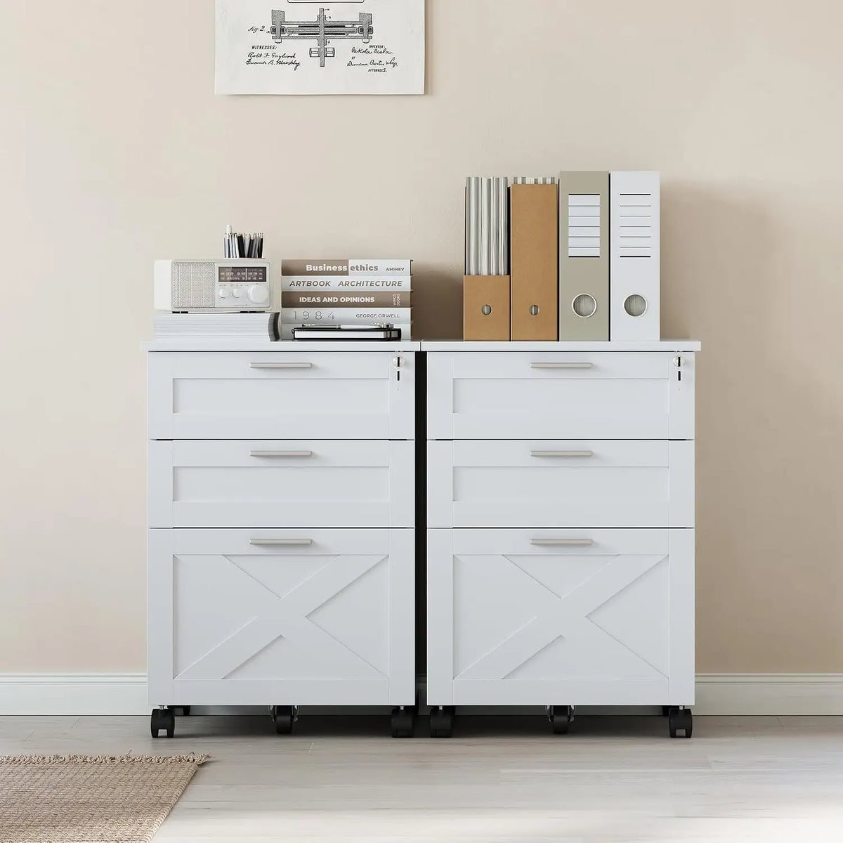 HiMISS Three Drawer Wooden Mobile Filing Cabinet With Lock