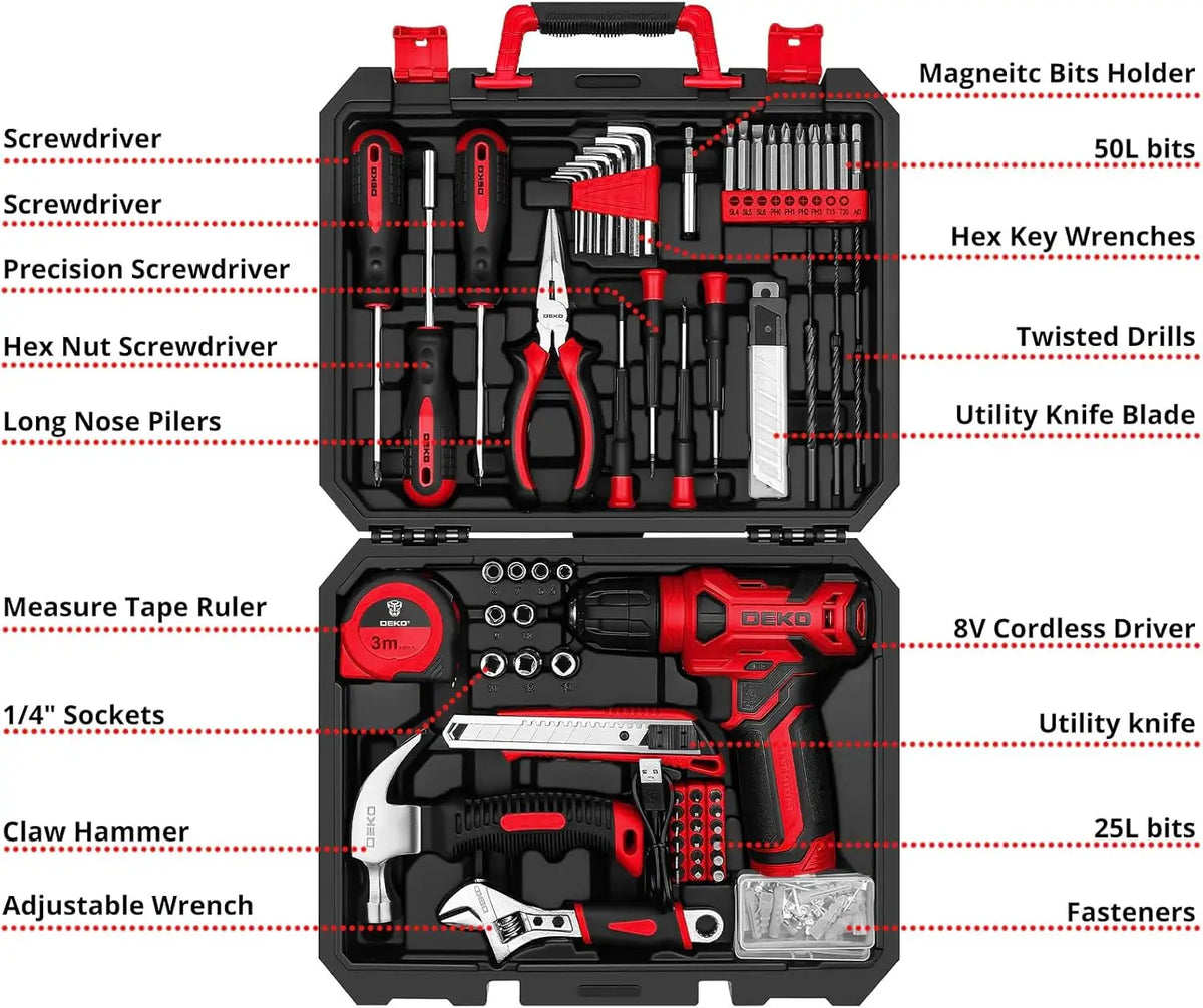 DEKO 8V Cordless Drill And Complete Tool Set