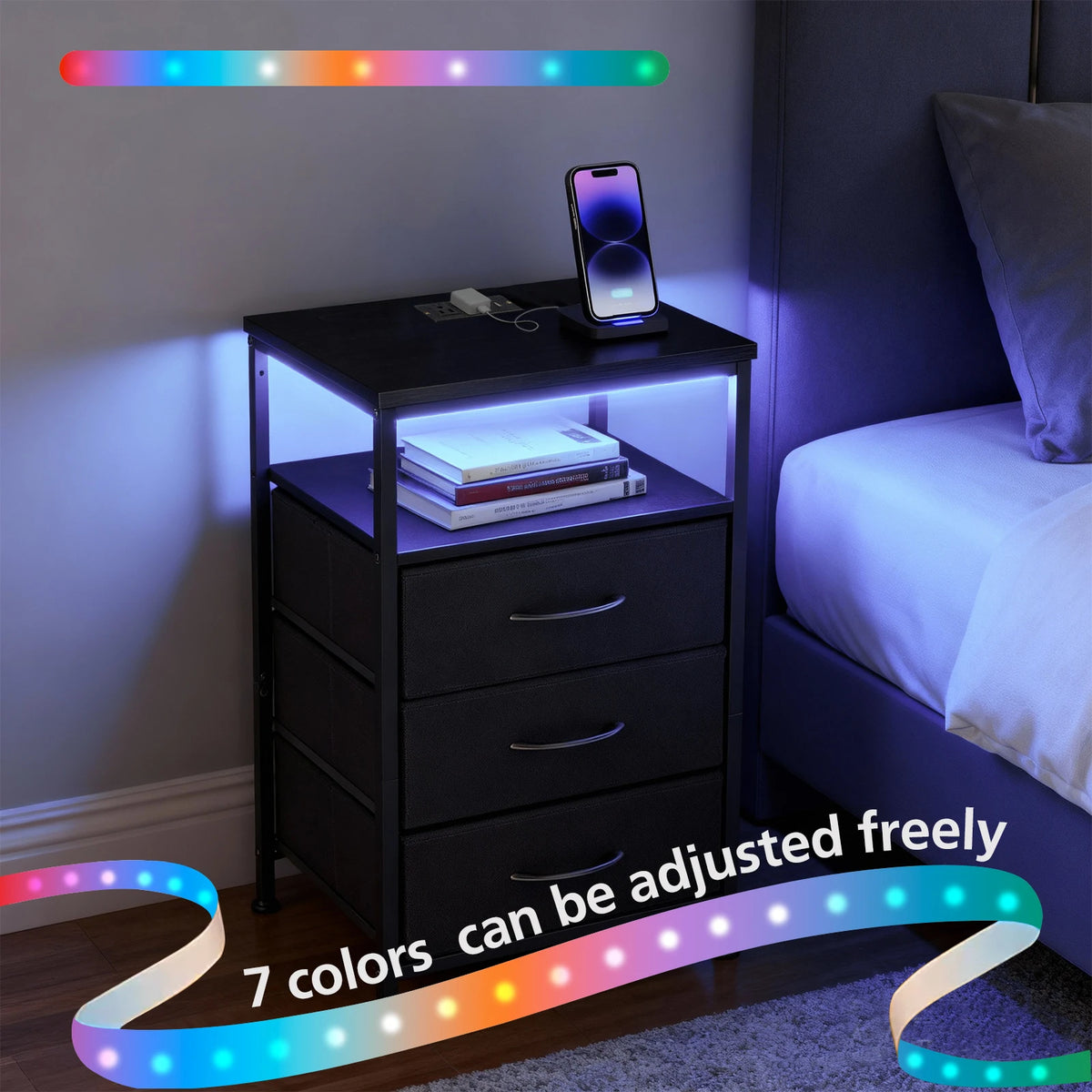 JHK 3 Drawer Bedside Table With Usb Charging Nightstand