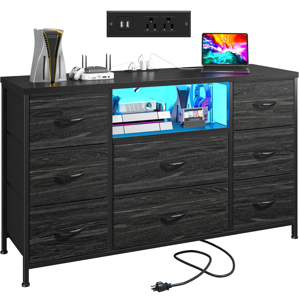 Eight Drawer Media Dresser With LED Lighting And Charging Station