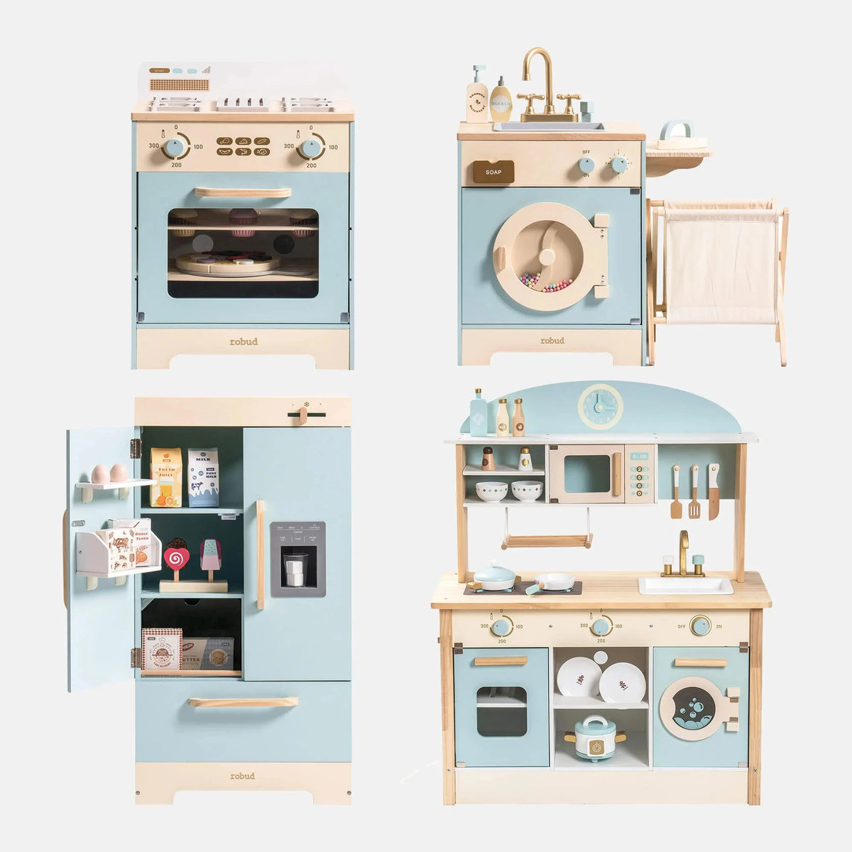 Robud Kids Wooden Play Kitchen Set All In One With Oven Refrigerator