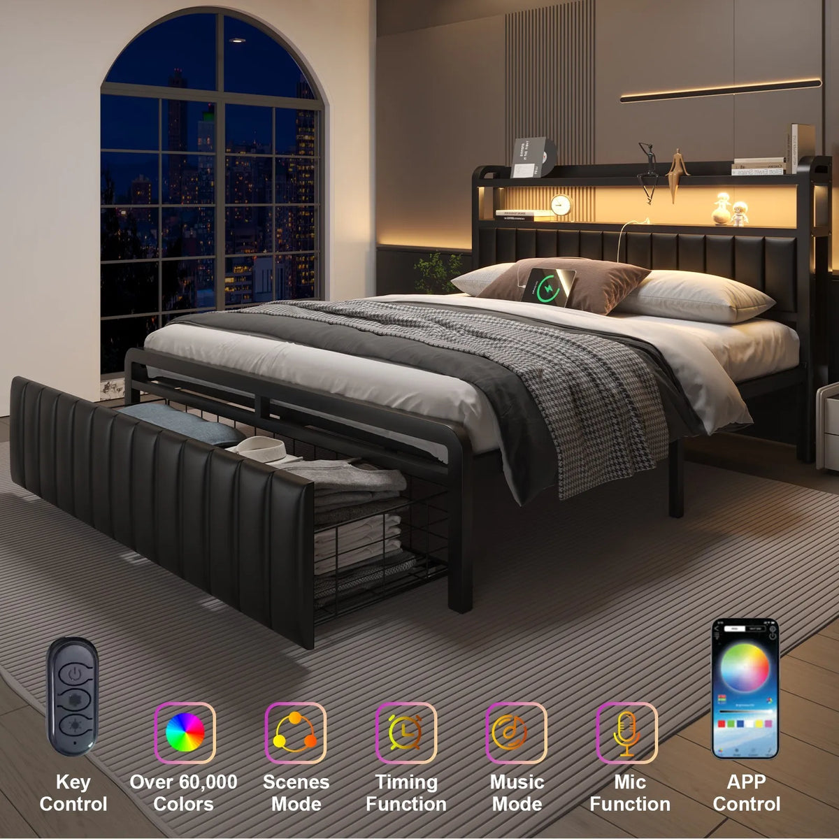 LED Bed Frame With Charging Station And Upholstered Storage Headboard
