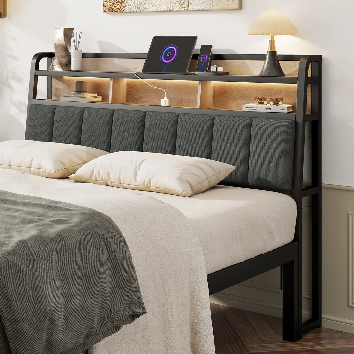 Upholstered Headboard With Storage And Led Charging Station