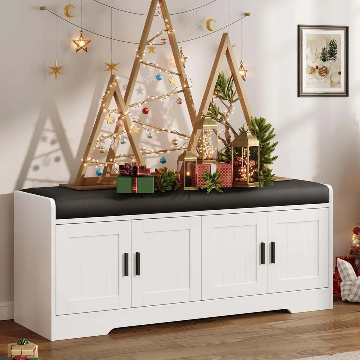 HiMISS Wood Storage Bench With Padded Cushion And Shoe Cabinet