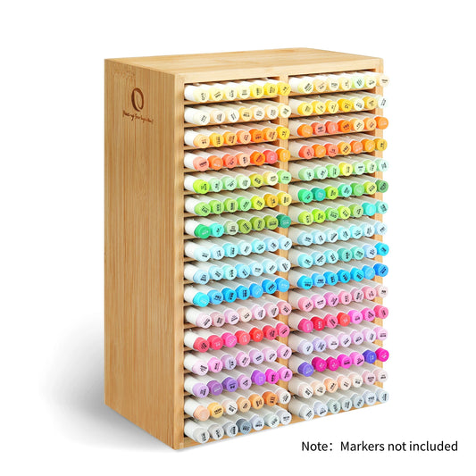 Ohuhu Bamboo Marker Organizer Wooden Desktop Storage Hold 126 Markers Pens Pencils Art Brushes Stationary Organizer Pen Holder