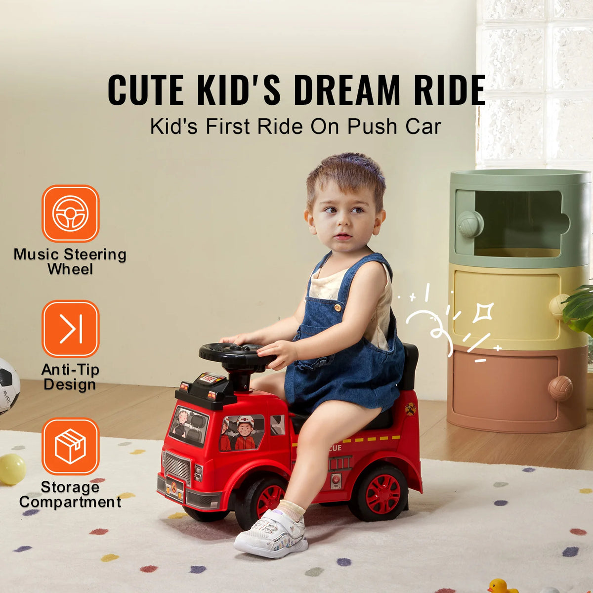SucceBuy Kids Ride On Push Car With Music Steering Wheel
