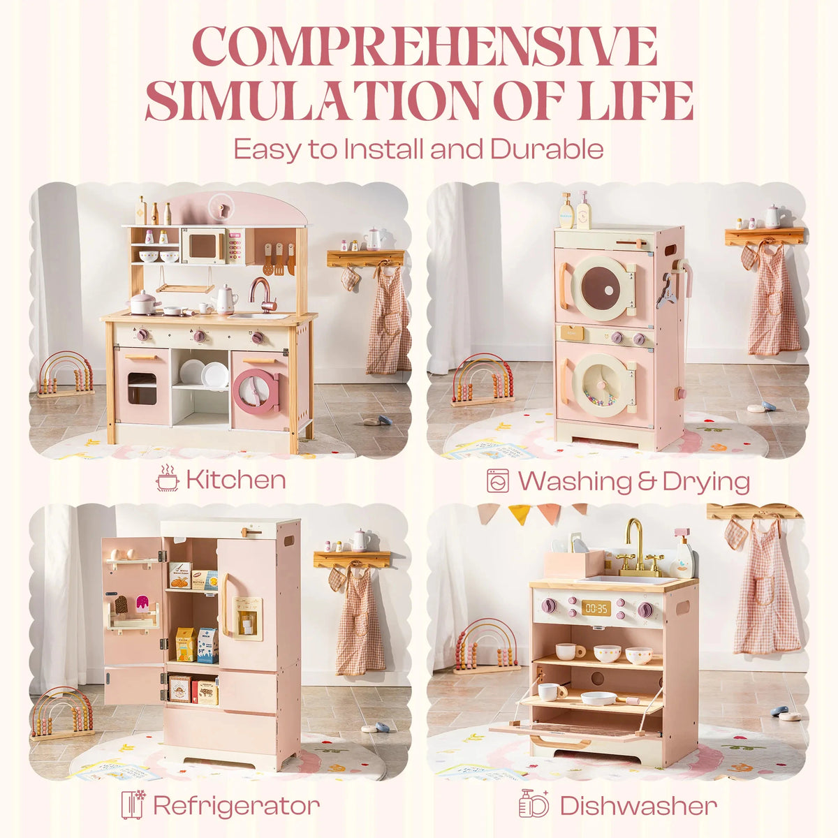 Robud Kids Wooden Corner Play Kitchen Set Oven Refrigerator Washer