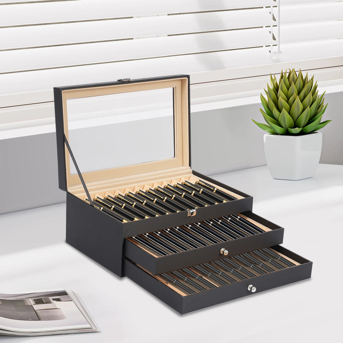 Luxury Pen Display Organizer Case With Glass Window