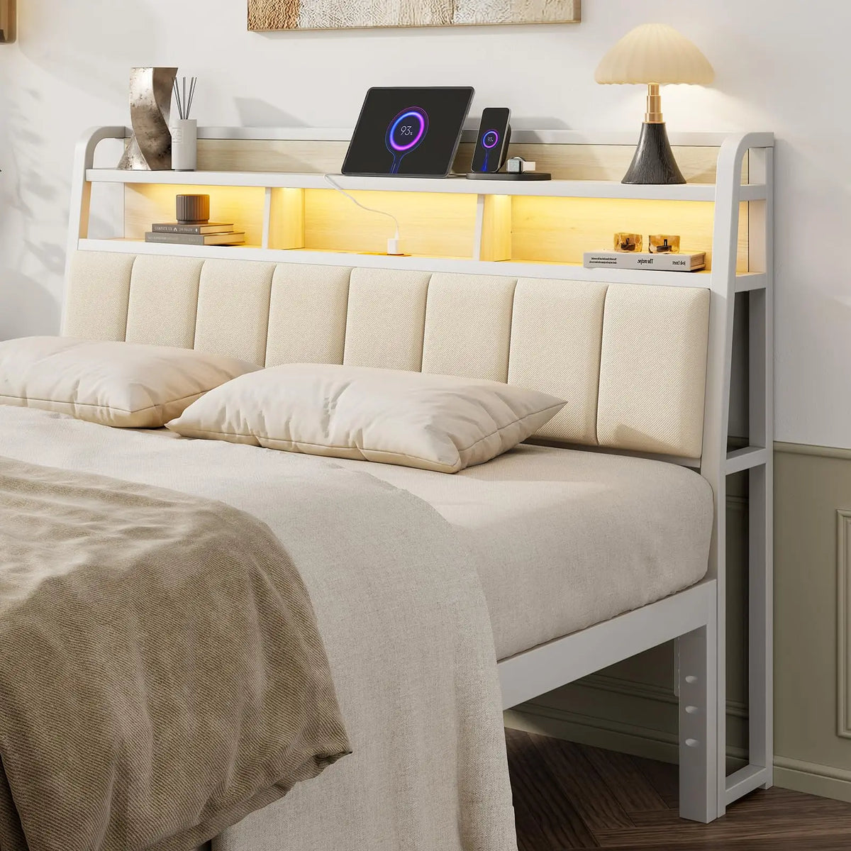 Upholstered Headboard With Storage And Led Charging Station