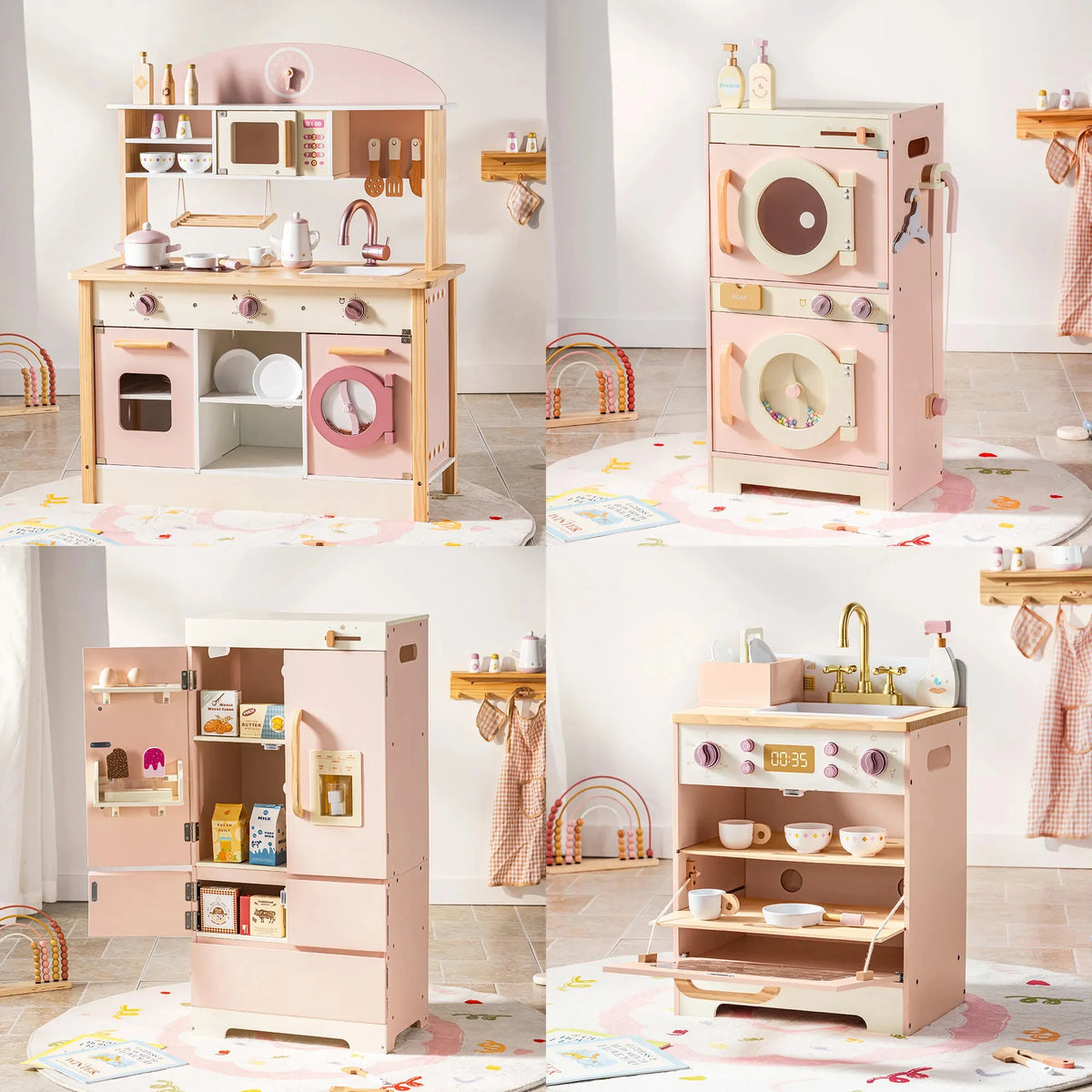 Robud Kids Wooden Corner Play Kitchen Set Oven Refrigerator Washer