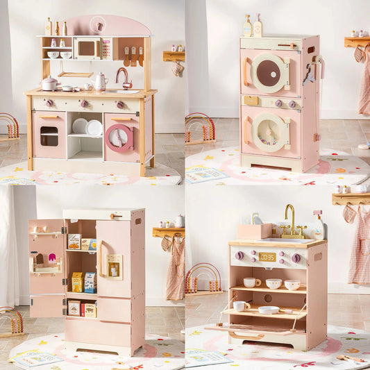 Robud Kids Wooden Corner Play Kitchen Set Oven Refrigerator Washer