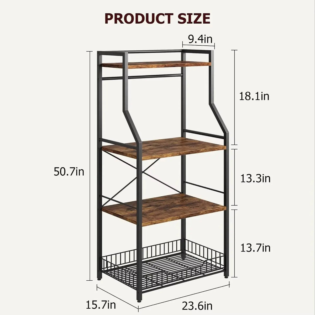 Industrial 4 Tier Steel Bakers Rack With Wire Basket Hooks