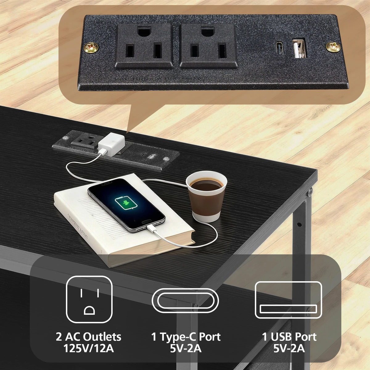 JHK 3 Drawer Bedside Table With Usb Charging Nightstand