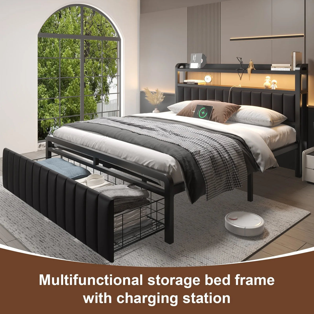 LED Bed Frame With Charging Station And Upholstered Storage Headboard